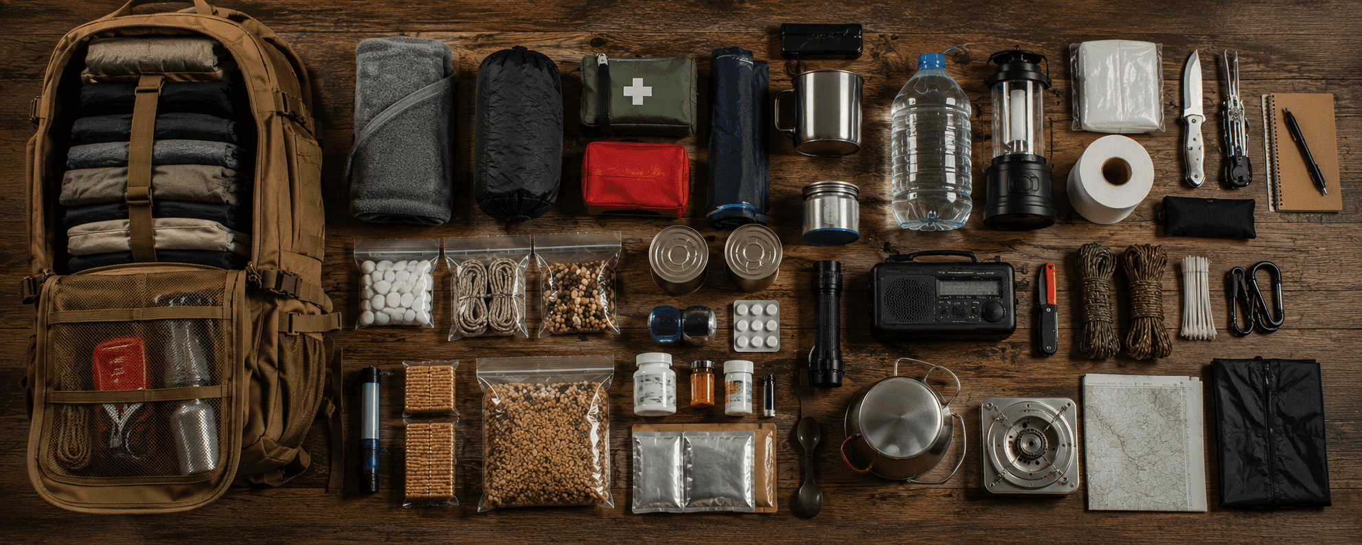 Lista definitiva para un kit de supervivencia organizada por categorías con mochila, agua, alimentos, botiquín, herramientas y equipamiento de emergencia