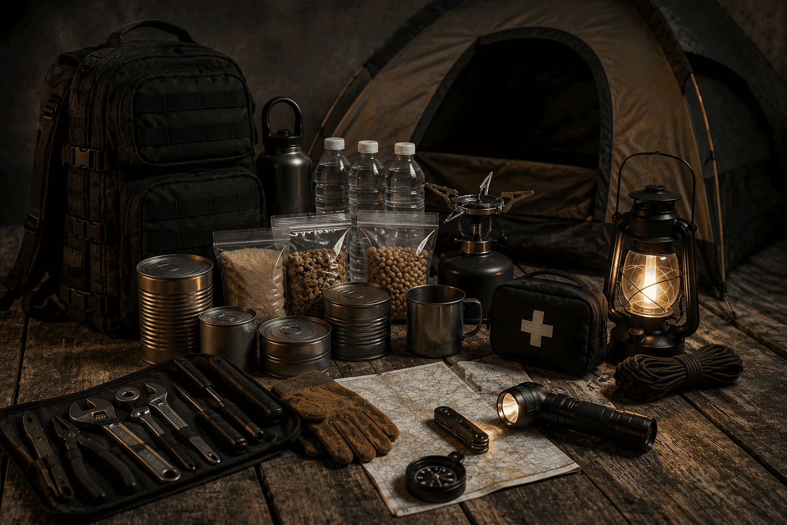 Tienda de campaña, mochila táctica, linterna, botiquín, herramientas, agua y suministros básicos para preparación ante emergencias