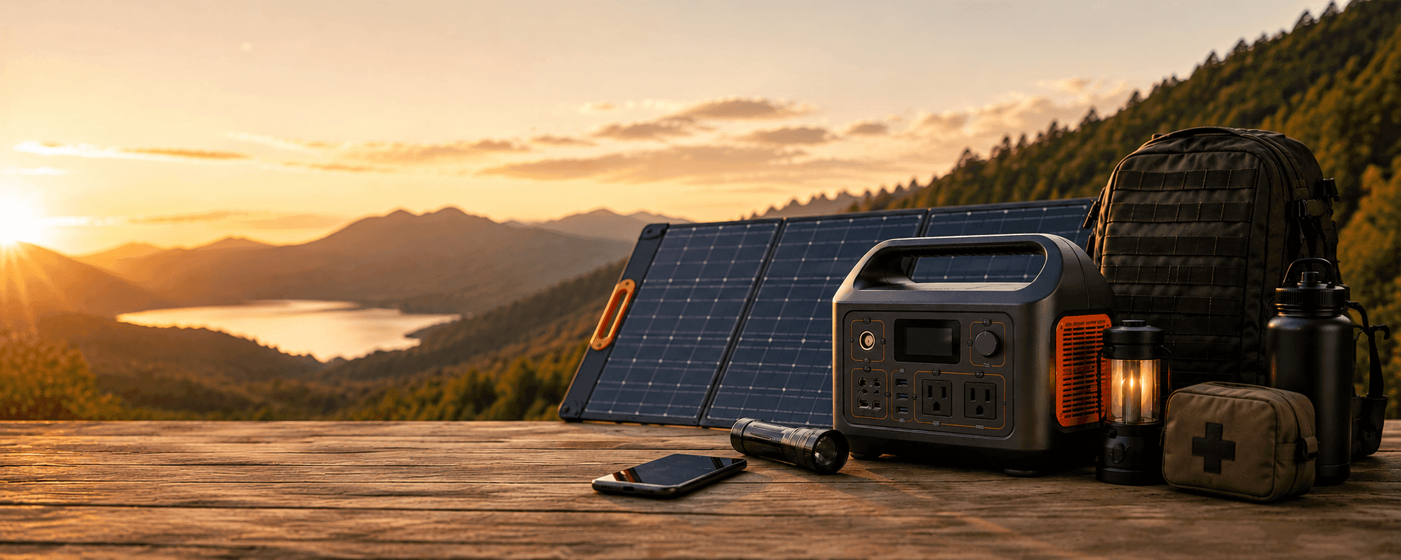 Estación solar portátil con paneles solares plegables, mochila táctica, linterna y botiquín preparada para suministrar energía durante apagones y emergencias