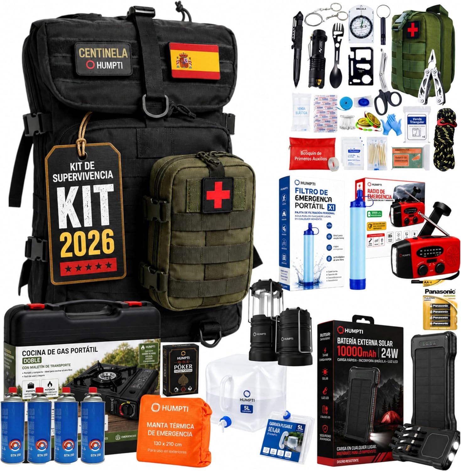 Kit de emergencia de 72 horas con mochila, radio solar, filtro de agua, botiquín y cocina portátil
