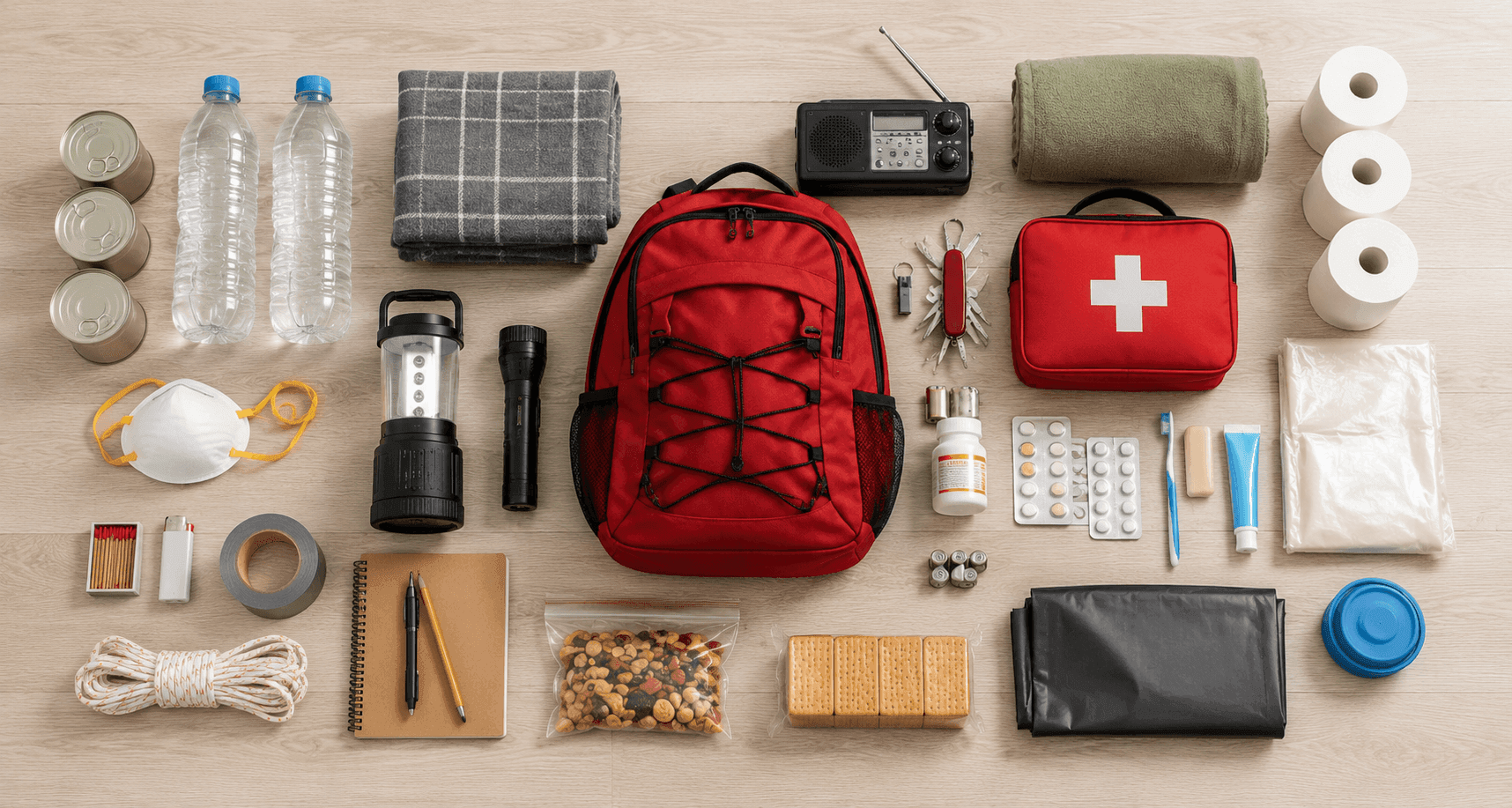 Mejor kit de emergencia 72 horas con agua, alimentos, botiquín, radio, linterna, herramientas y suministros esenciales organizados para emergencias