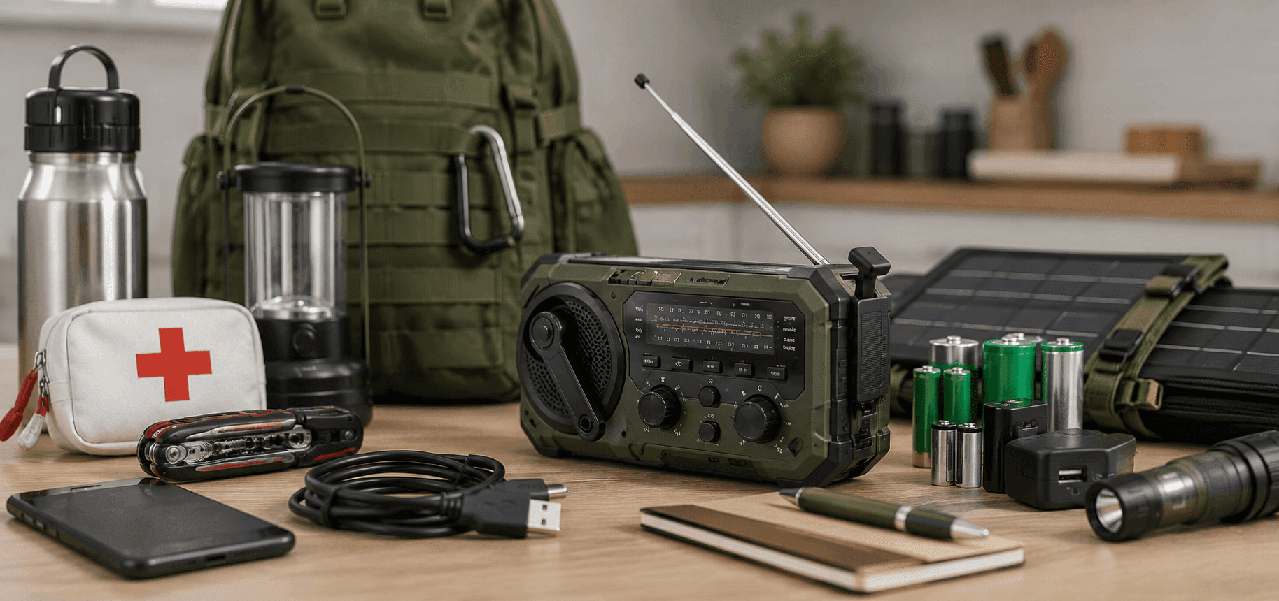 Radio de emergencia con batería, linterna, carga solar y accesorios esenciales para afrontar apagones y emergencias