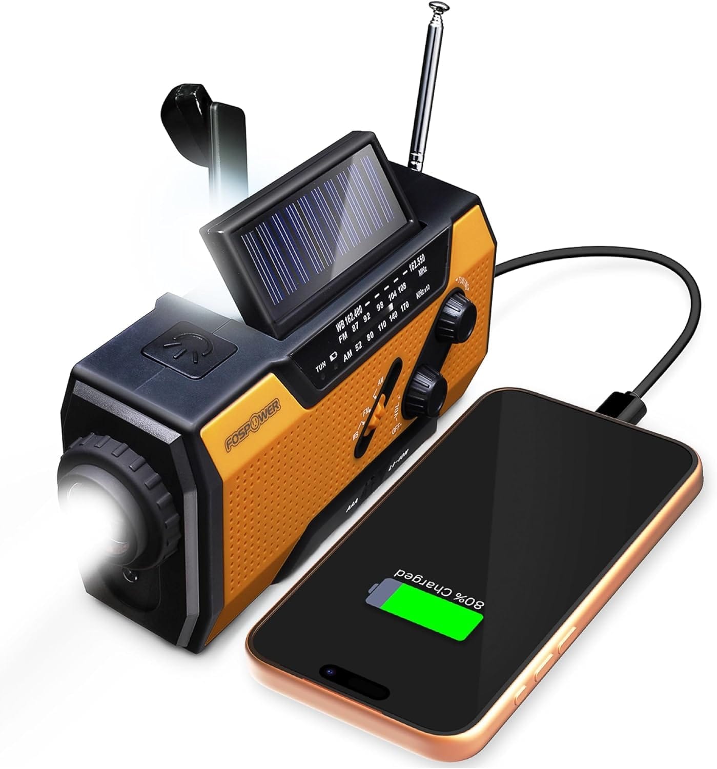 Radio de emergencia FosPower con panel solar, manivela, linterna LED y función power bank para kit de supervivencia