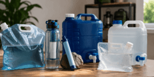 Almacenamiento de agua potable para emergencias con recipientes seguros y reserva doméstica