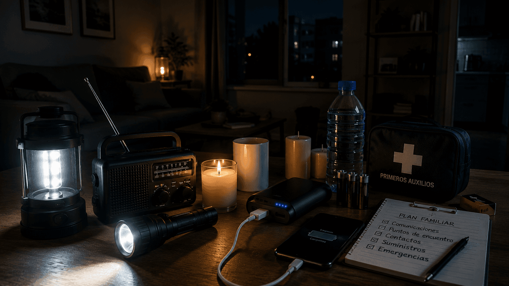 Kit de emergencia para apagón eléctrico con linterna, radio, power bank, agua y botiquín en una vivienda sin luz