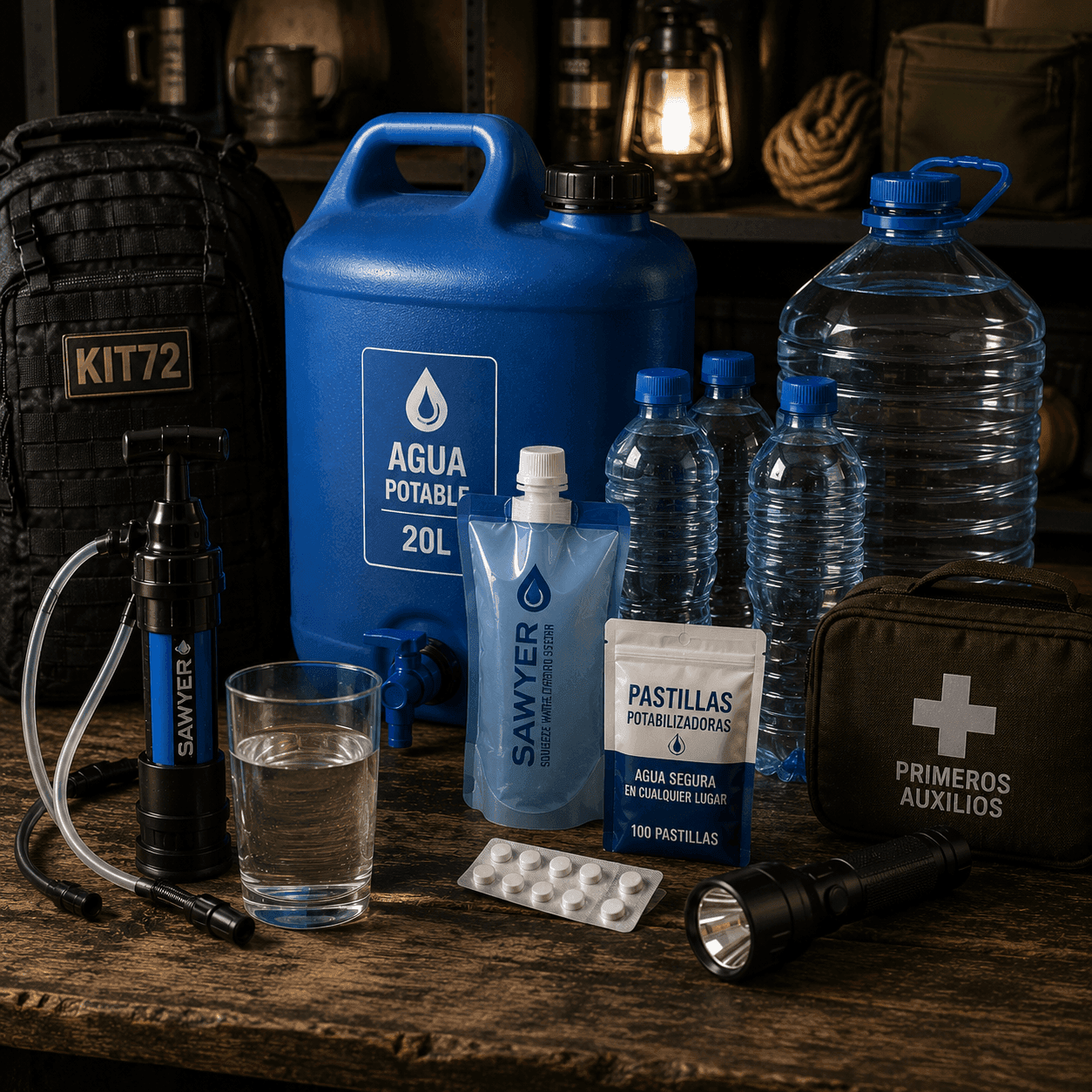 Sistema de agua para un kit de emergencia de 72 horas con filtro portátil, depósito de agua y métodos de potabilización