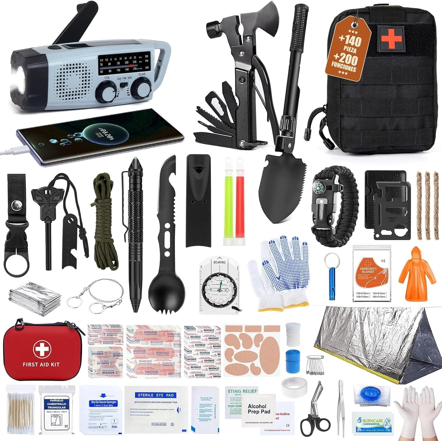 Kit de emergencia de 72 horas completo con herramientas de supervivencia, botiquín y accesorios esenciales.
