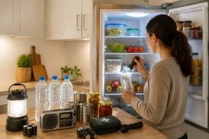 Persona revisando los alimentos de la nevera durante un apagón con una linterna y un kit de emergencia sobre la encimera para conservar los alimentos de forma segura.