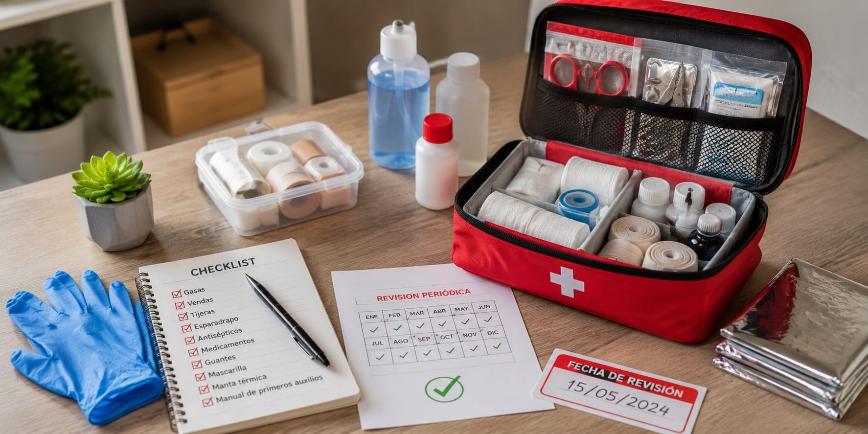 Botiquín de primeros auxilios organizado con material sanitario clasificado y revisión periódica para mantenerlo siempre listo para cualquier emergencia