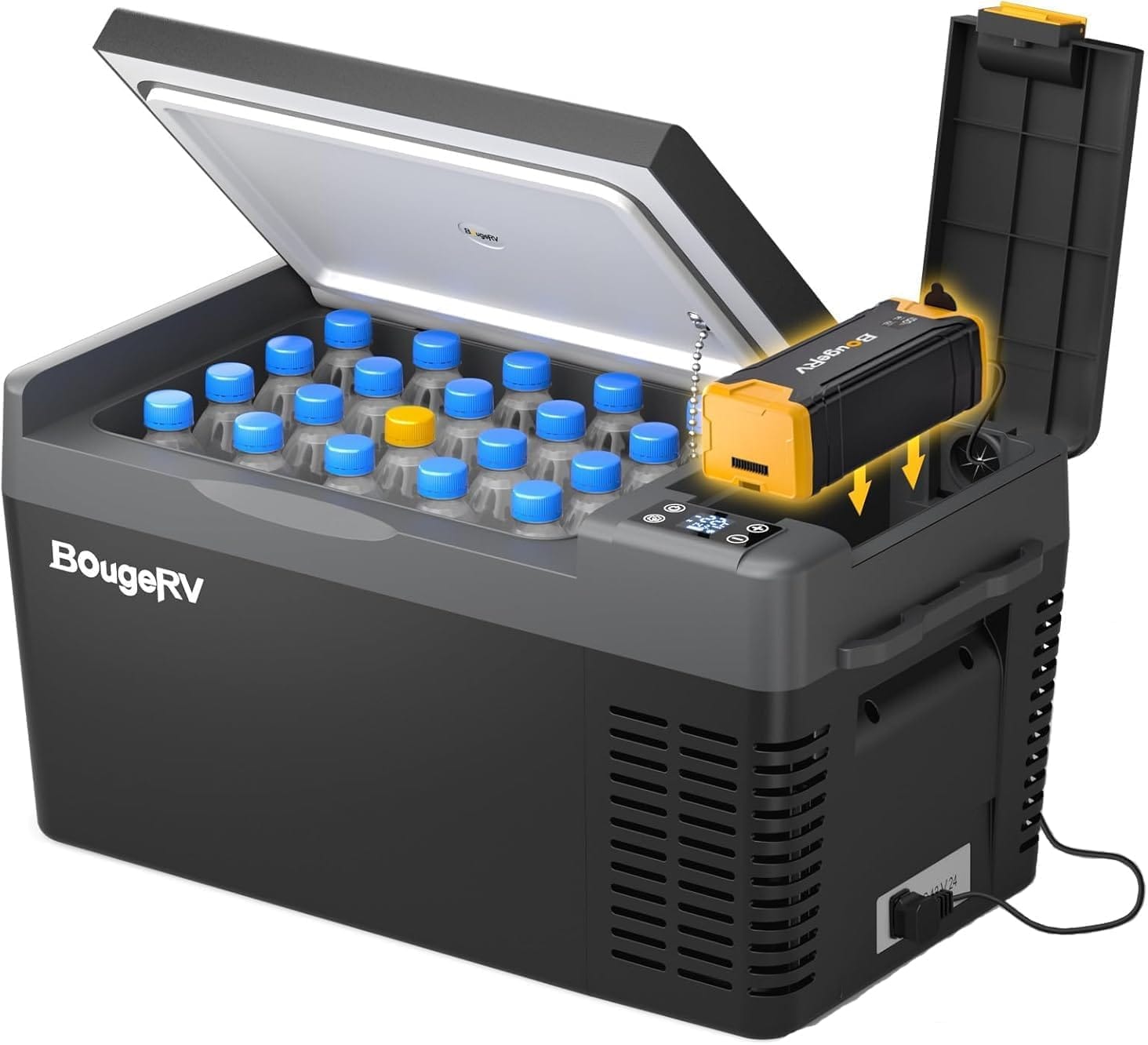 Nevera portátil de compresor BougeRV CRPRO de 20 litros con batería para coche, camping y emergencias.