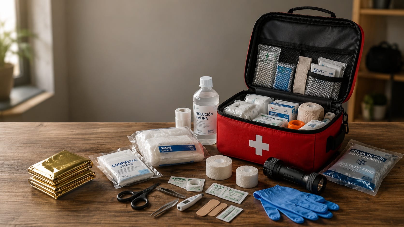 Botiquín de emergencia con vendas, gasas, desinfectante, tijeras, guantes, manta térmica y otros materiales básicos de primeros auxilios.