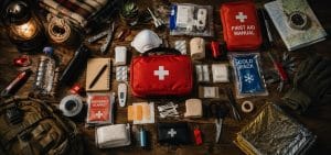 Botiquín de primeros auxilios con el material imprescindible que debe contener: gasas, vendas, tijeras, termómetro, manta térmica, linterna y suministros de emergencia organizados