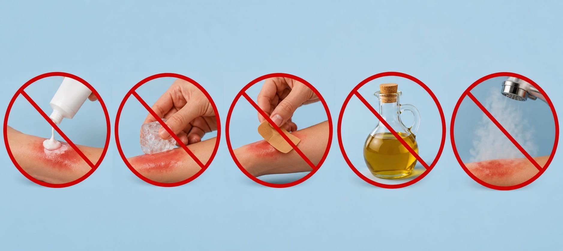 Errores más frecuentes al tratar una quemadura, como aplicar hielo, aceites o remedios caseros en lugar de seguir los primeros auxilios adecuados