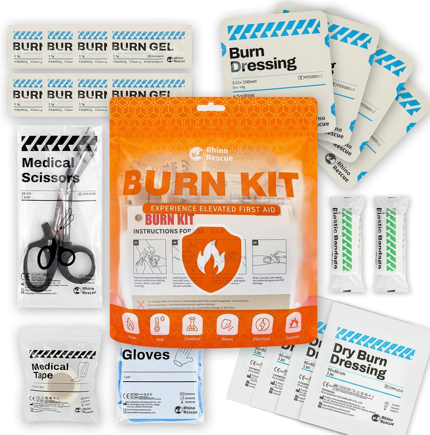 Kit de protección contra quemaduras RHINO RESCUE con apósitos y material de primeros auxilios para tratar quemaduras leves en casa, la oficina o actividades al aire libre