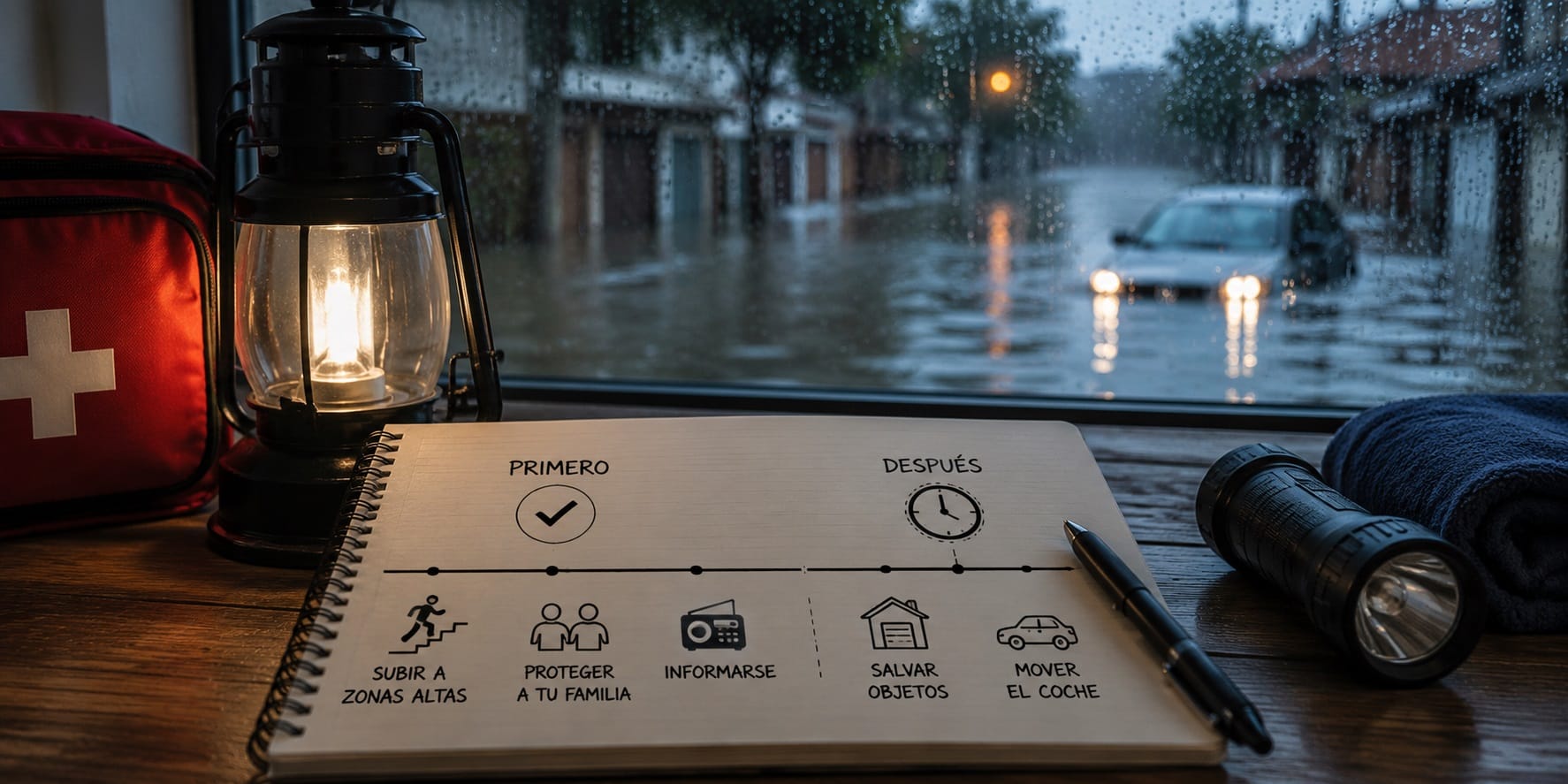 Cronología visual con los pasos prioritarios sobre qué hacer durante una inundación antes de proteger objetos materiales.