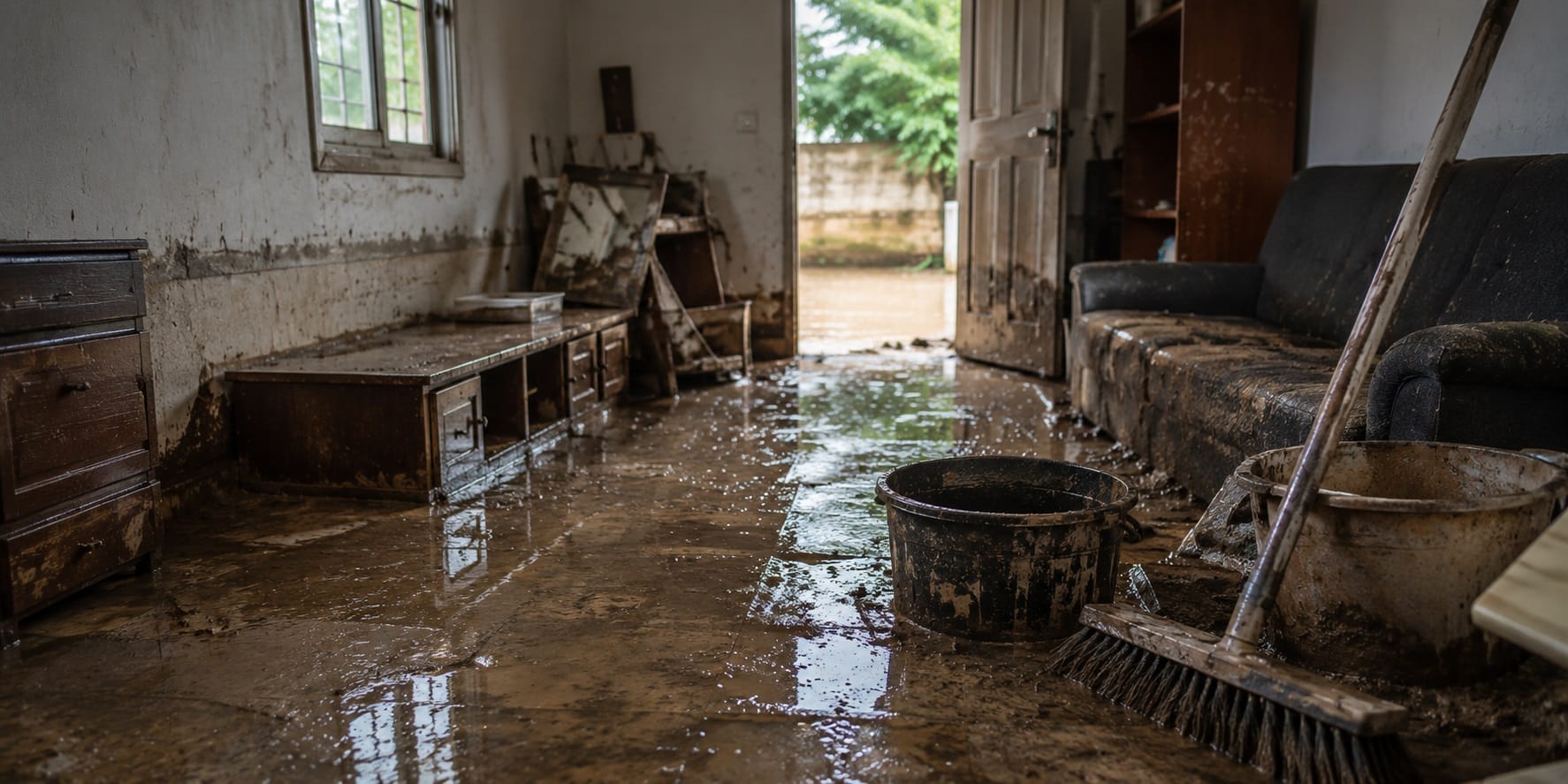 Vivienda cubierta de barro y agua tras una riada que muestra qué hacer durante una inundación incluso cuando el nivel del agua ya ha descendido.