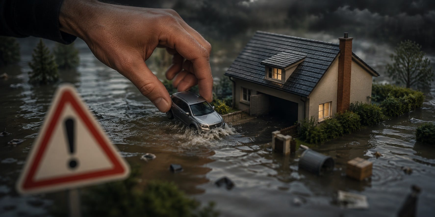 Recreación de una persona intentando mover un coche durante una inundación, un error habitual al decidir qué hacer durante una inundación.