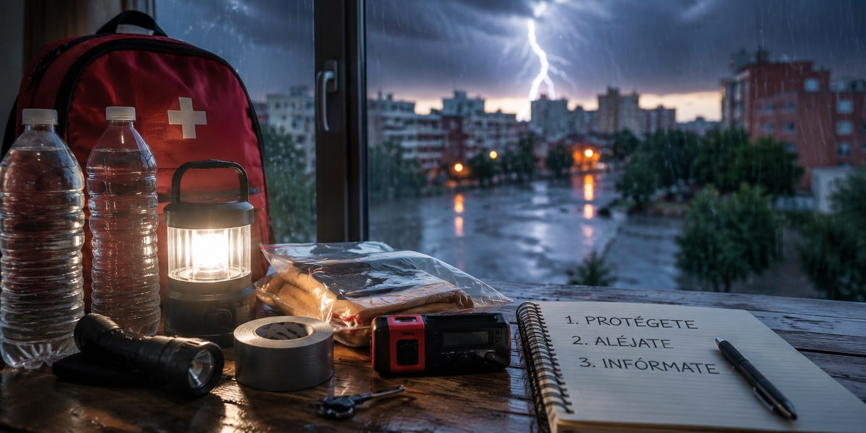 Kit de emergencia preparado junto a una ventana durante una tormenta que ilustra qué hacer durante una inundación para actuar con rapidez.