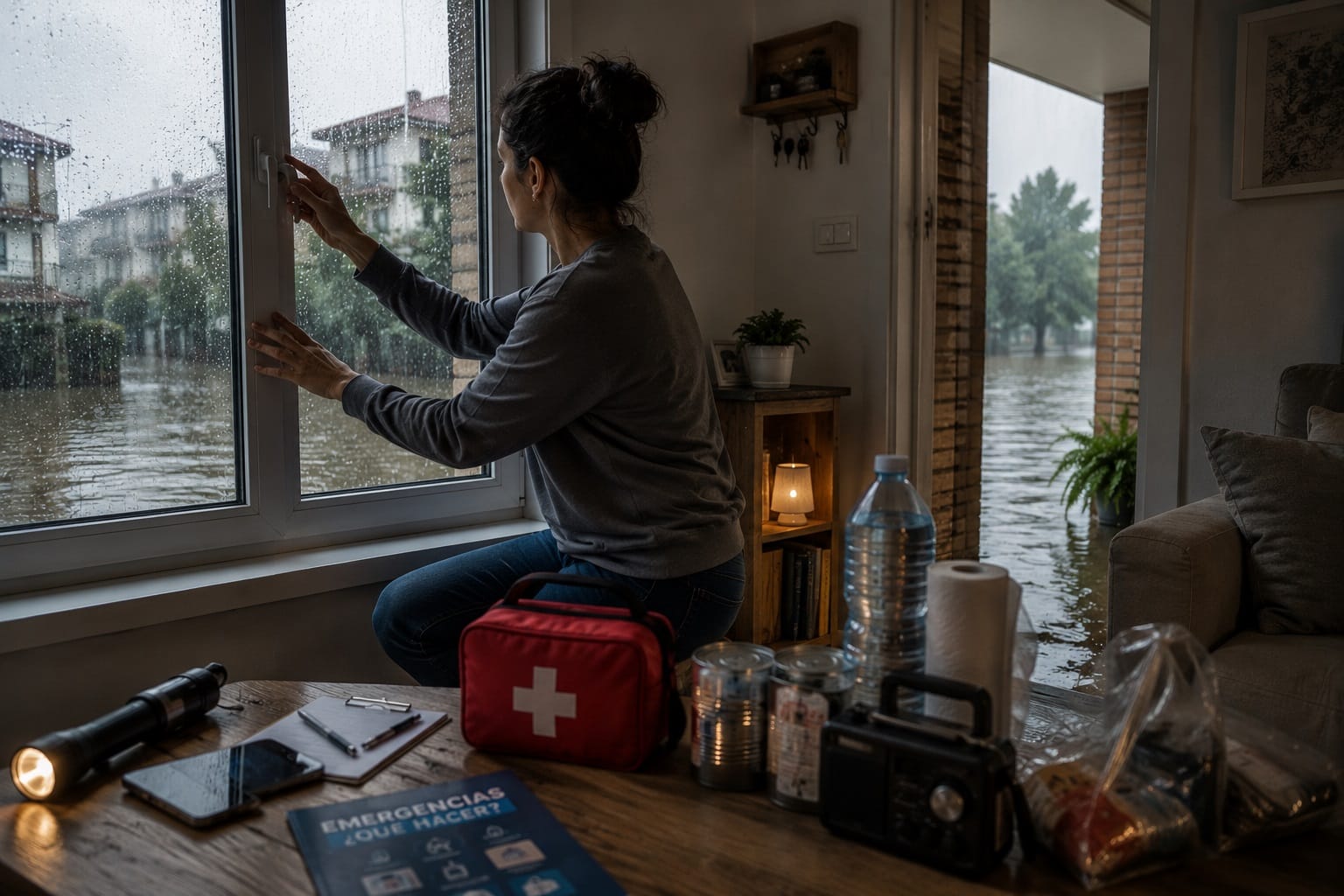 Persona asegurando las ventanas y preparando un kit de emergencia en casa como parte de qué hacer durante una inundación.