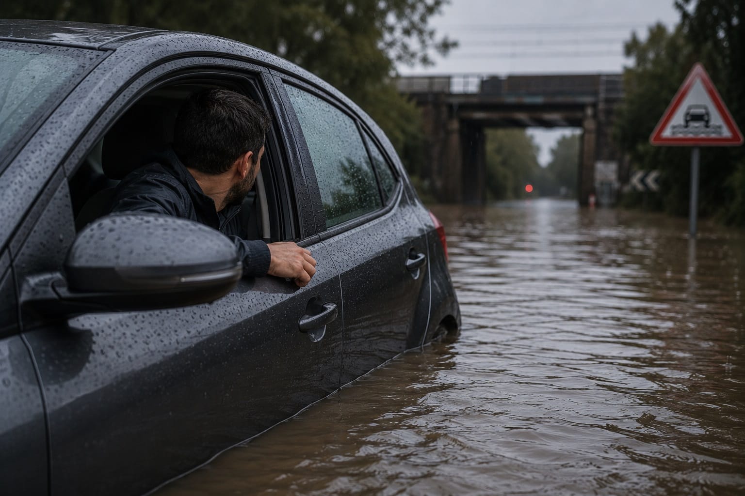 Conductor detenido ante una carretera inundada siguiendo las recomendaciones sobre qué hacer durante una inundación para evitar quedar atrapado.