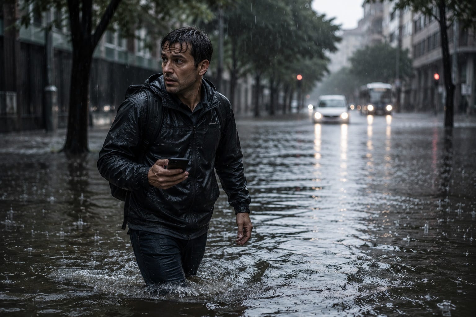 Persona buscando una ruta segura mientras aplica qué hacer durante una inundación para alejarse de una calle inundada.