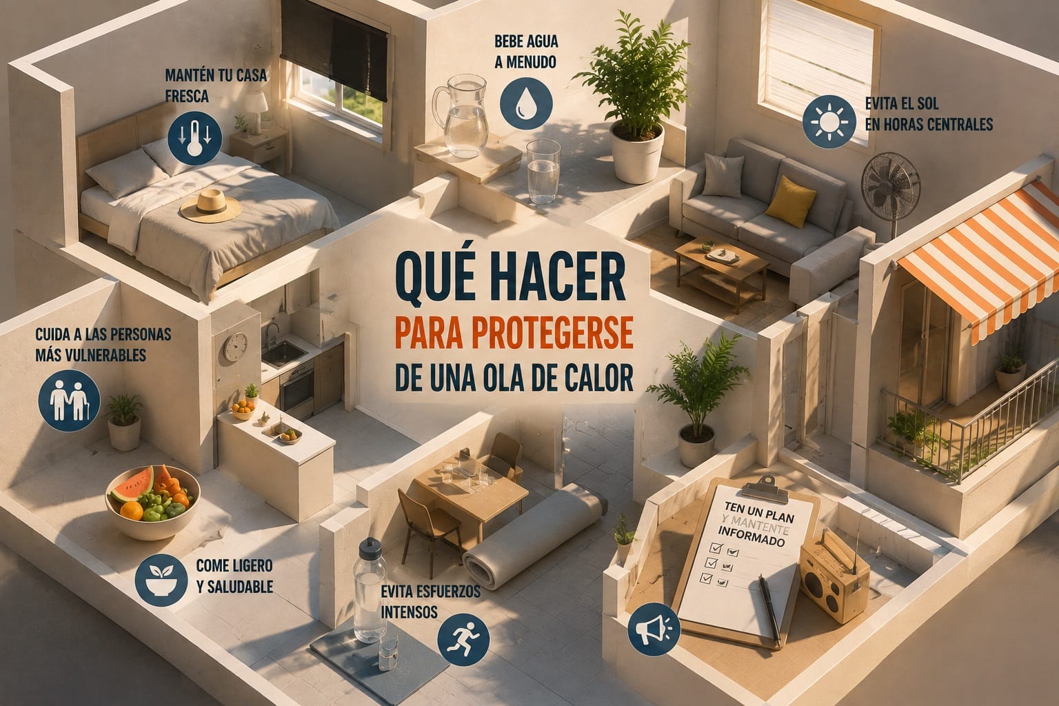 Medidas para protegerse de una ola de calor en casa con hidratación, sombra, ventilación y cuidado de personas vulnerables