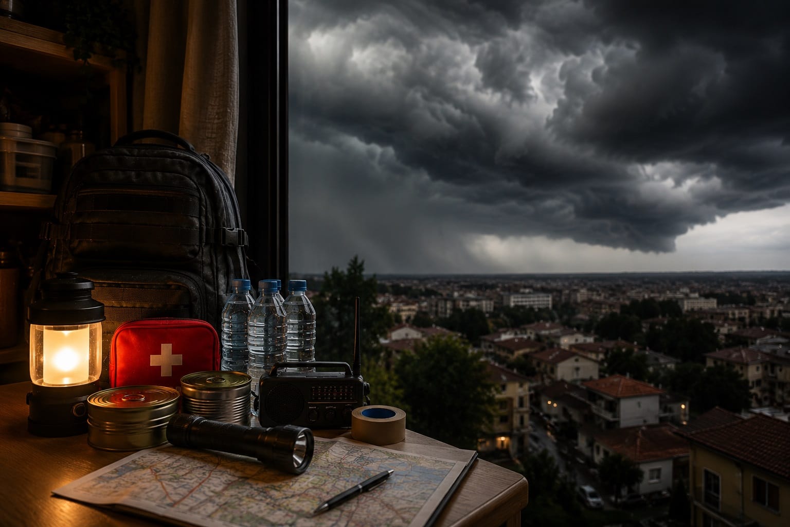Preparación de un kit de emergencia en casa antes de la llegada de una DANA con tormentas y lluvias intensas.