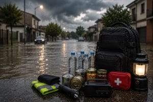 Kit de emergencia preparado frente a una vivienda antes de una DANA con lluvias intensas y riesgo de inundación.