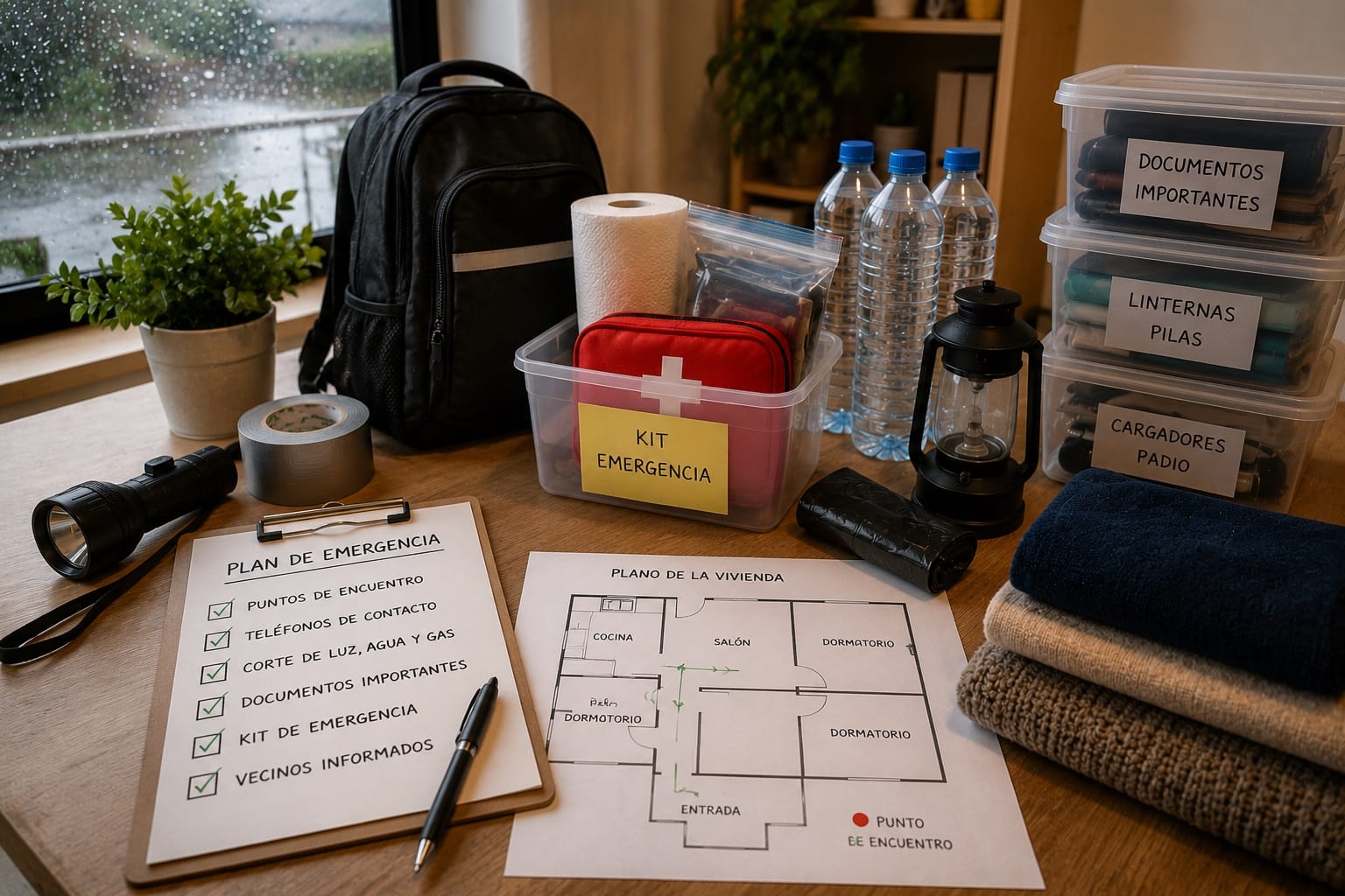 Vivienda organizada con un plan de emergencia, kit de suministros y material preparado antes de una DANA.