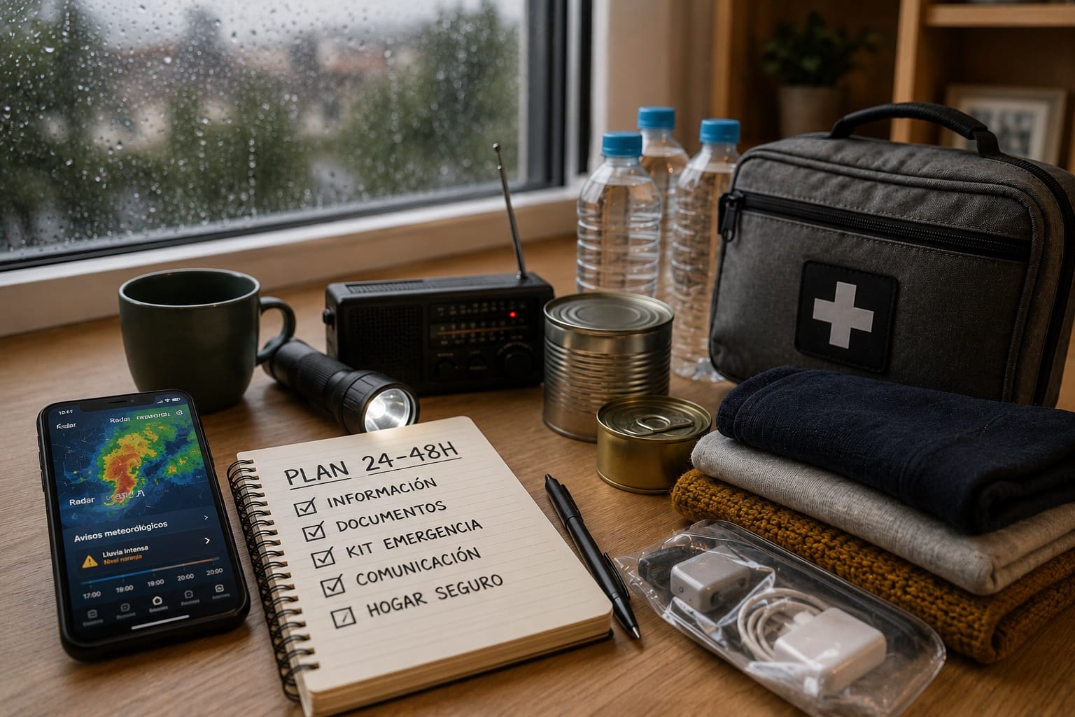 Preparativos esenciales durante las 24 a 48 horas antes de una DANA con kit de emergencia, suministros y avisos meteorológicos.